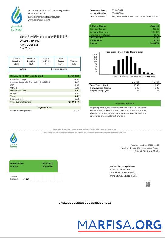 Printable UAE Al Fanar Gas Group business utility bill template in Word and PDF formats